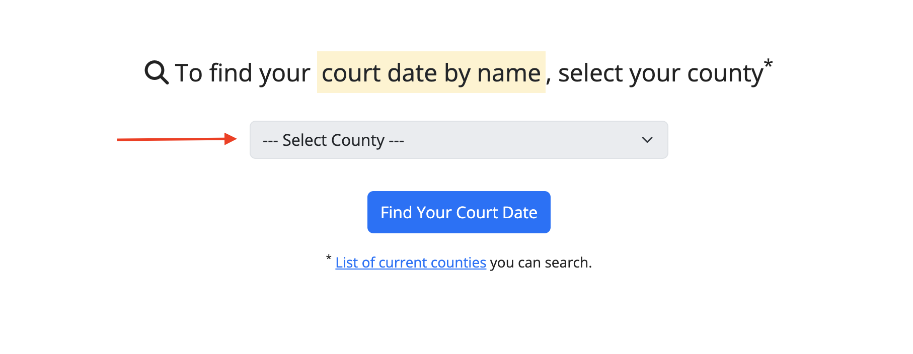 Select the county where you court date will take place